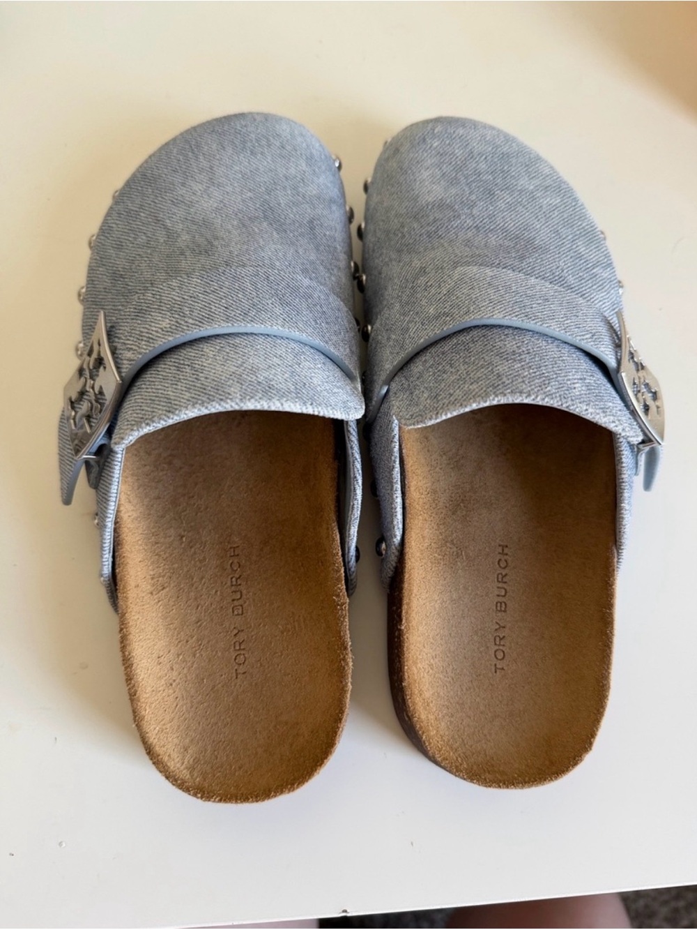 Tory Burch Light Denim Slide Clogs with Silver Logo Buckle